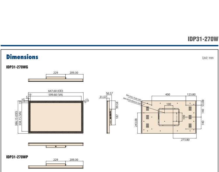 研華IDP31-270W 27" 玻璃面板觸控顯示器，帶環繞式LED燈帶，全高清分辨率，多輸入源VGA/DVI/DP