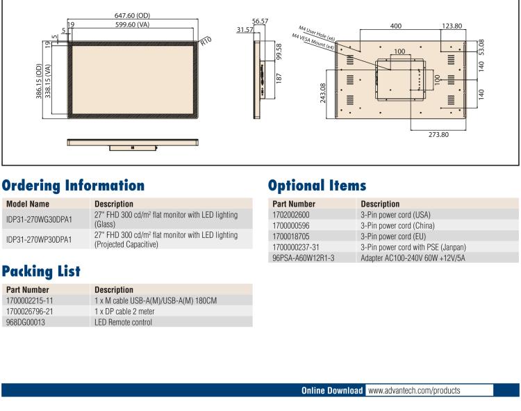 研華IDP31-270W 27" 玻璃面板觸控顯示器，帶環繞式LED燈帶，全高清分辨率，多輸入源VGA/DVI/DP