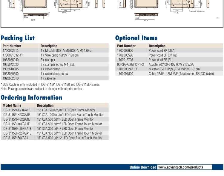 研華IDS-3115 15" 1024 x 768像素 TFT LCD觸摸屏 VGA、DVI雙信號接口 開放式顯示器