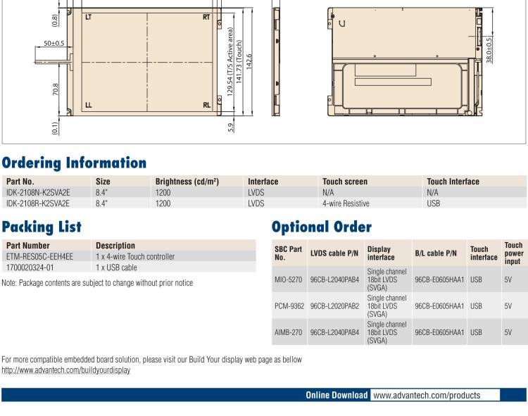 研華IDK-2108 8.4” SVGA 1200cd/m2 超高亮度工業(yè)顯示套件，帶 LED 背光燈、LVDS 接口
