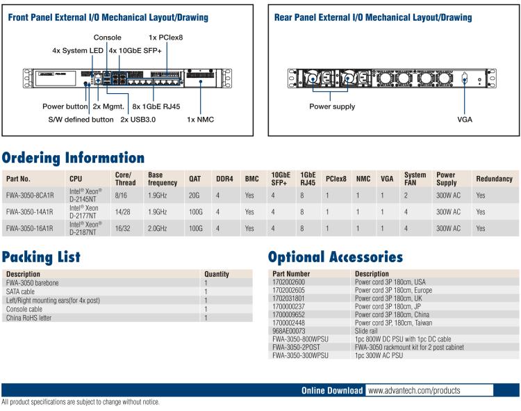 研華FWA-3050 基于Intel?Xeon D-2100系列處理器，用于uCPE和下一代防火墻的遠程可管理1U網絡應用平臺