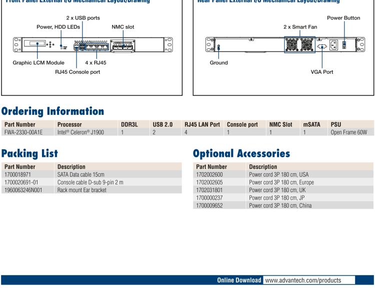 研華FWA-2330 基于Intel? Bay trail-D/M 系列處理器 1U機架式網絡應用平臺