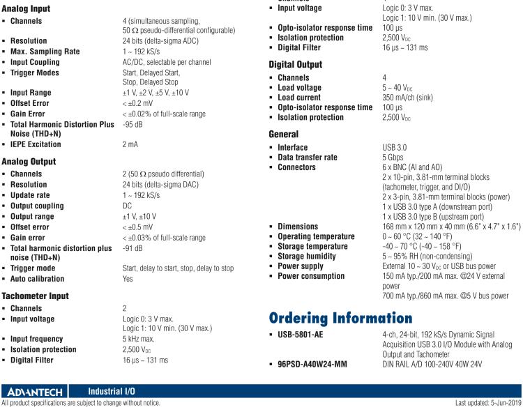 研華USB-5801 4路，24位，192 kS / s的動態(tài)信號采集USB 3.0 I / O模塊使用模擬輸出和轉(zhuǎn)速計(jì)