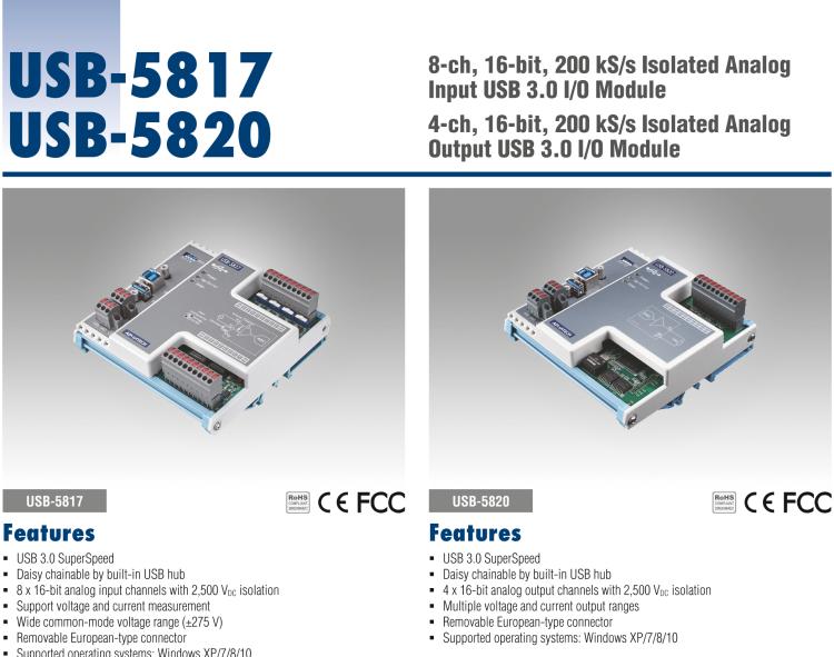 研華USB-5817 8通道，16位，200 kS / s隔離模擬輸入USB 3.0 I / O模塊