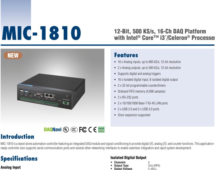 研華MIC-1810 帶有Core?i3 /Celeron?處理器的12位，500 KS / s，16通道DAQ平臺(tái)