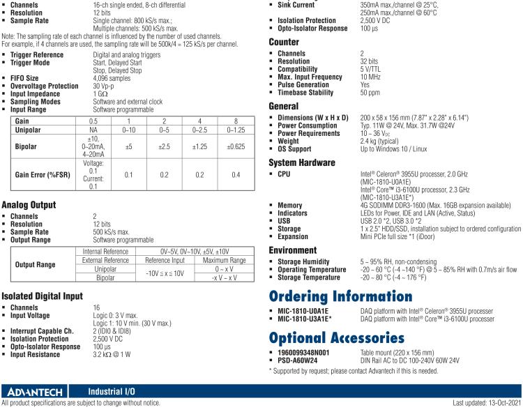 研華MIC-1810 帶有Core?i3 /Celeron?處理器的12位，500 KS / s，16通道DAQ平臺(tái)