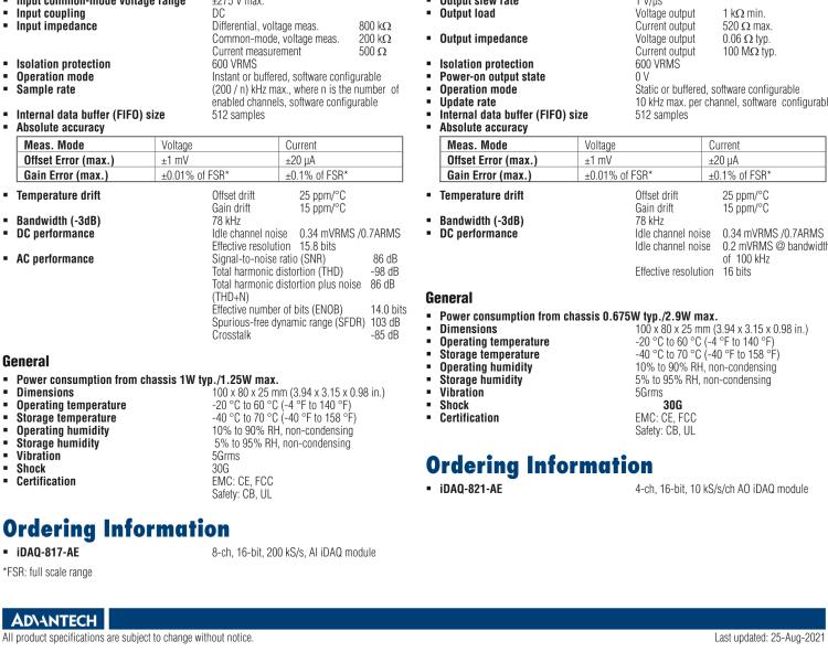 研華iDAQ-821 10kS/s、16 位、4 通道 模擬 輸出 iDAQ 模塊