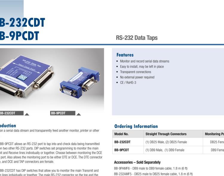 研華BB-232CDT 串口數(shù)據(jù)監(jiān)聽器，RS-232，DB25 公頭至DB25 母頭加DB25 母頭監(jiān)視器