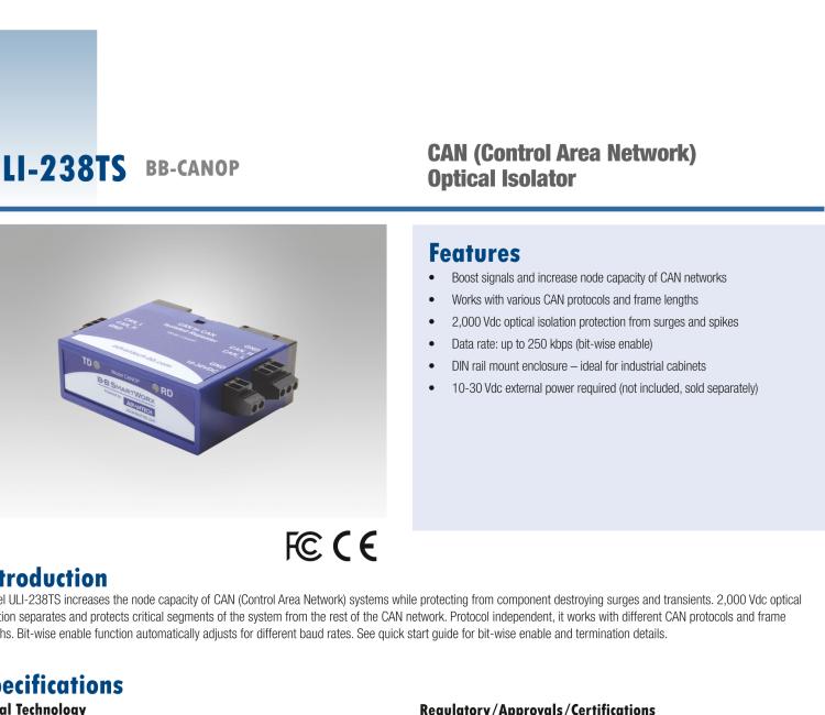 研華BB-CANOP ULI-238TS CAN（控制區(qū)域網絡）光隔離器/中繼器 端子座連接器