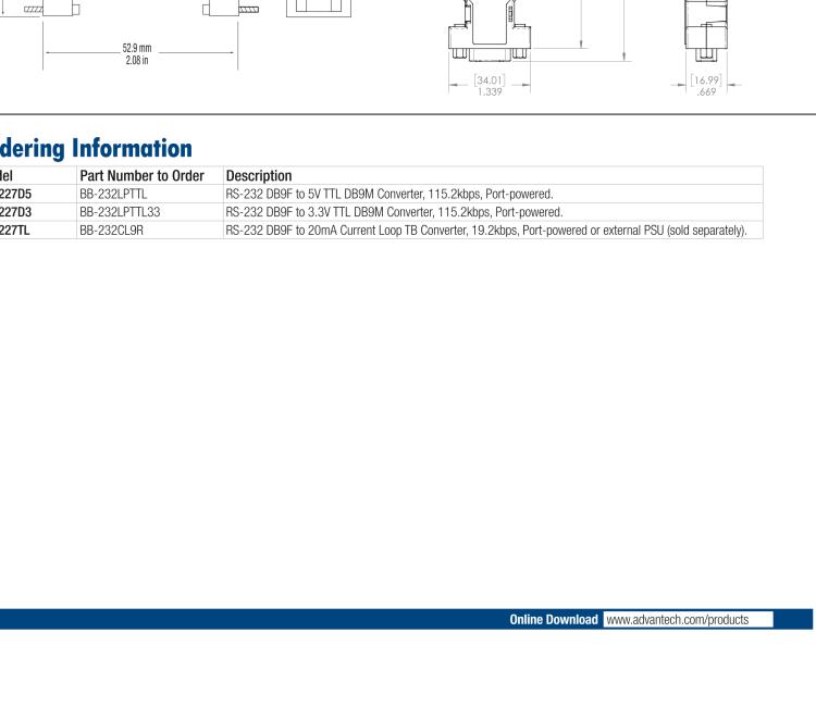 研華BB-232LPTTL33 ULI-227D3 RS-232（DB9母頭）至3.3V TTL（DB9公頭）轉換器，端口供電