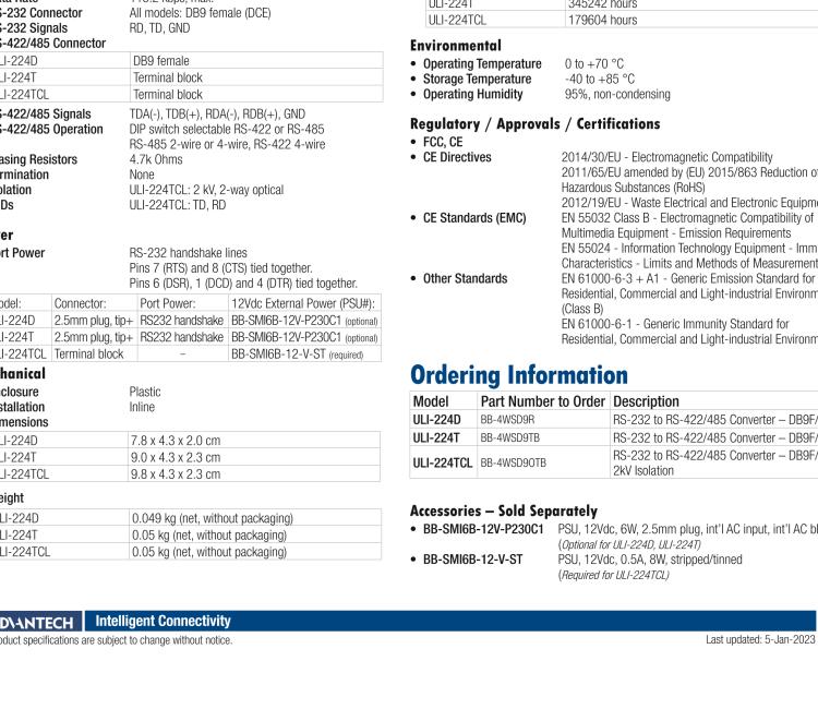 研華BB-4WSD9TB ULI-224T-RS-232（DB9母頭）至RS422/485（接線端子）轉換器