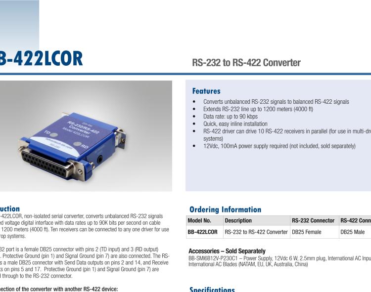 研華BB-422LCOR RS-232至RS-422轉換器–DB25F至DB25M