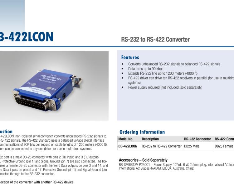研華BB-422LCON 串口轉換器，RS-232 DB-25 M至RS-422 DB25 F