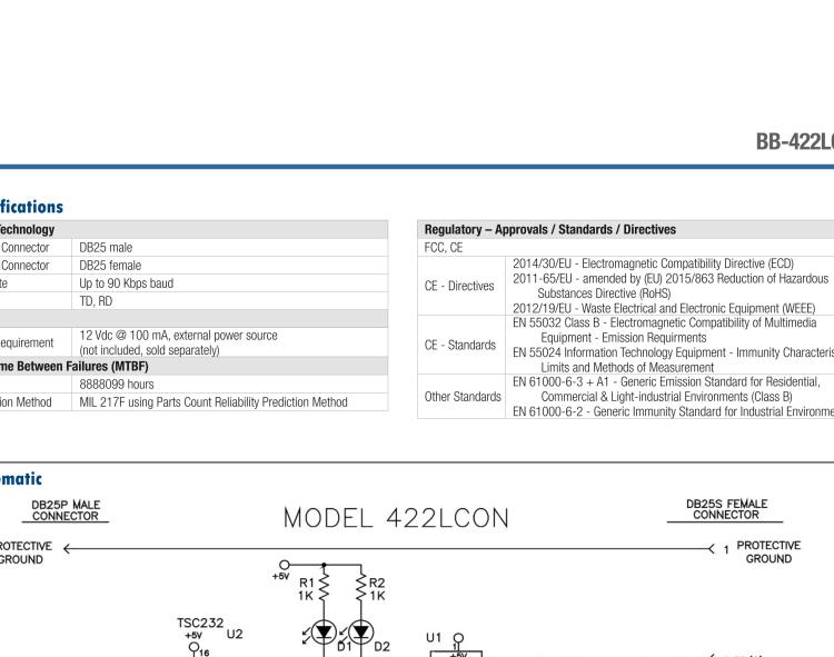 研華BB-422LCON 串口轉換器，RS-232 DB-25 M至RS-422 DB25 F