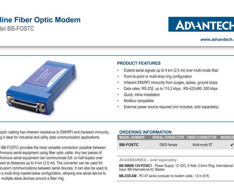 研華BB-FOSTC 串口轉換器，RS-232調制解調器DB25 F到MM光纖ST