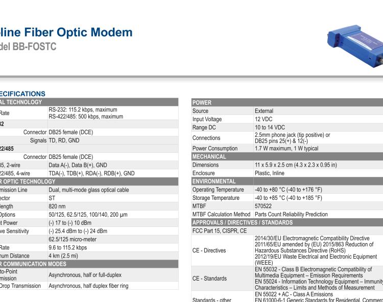 研華BB-FOSTC 串口轉換器，RS-232調制解調器DB25 F到MM光纖ST